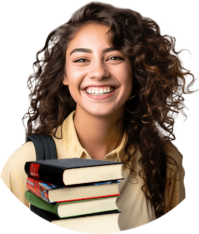 heerful female student holding books, embodying the enthusiasm and academic pursuit of international students in American universities.