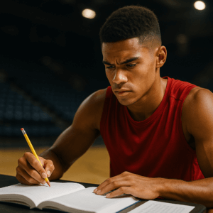 Focused student-athlete preparing for SAT and TOEFL exams in the USA