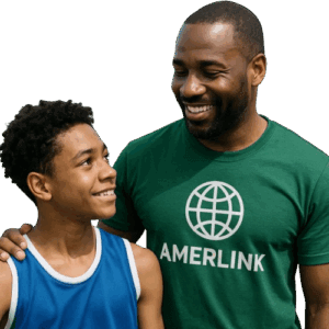 Ambassador Amerlinka surrounded by an academic landscape symbolizing global cooperation, development, and support for young athletes on their way to fulfilling their dreams of studying in the USA.