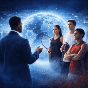 Sylwetki młodych sportowców różnych dyscyplin stojących przed mentorem na tle cyfrowej mapy świata, symbolizujące międzynarodową sieć wsparcia i drogę do sportowych stypendiów w USA.